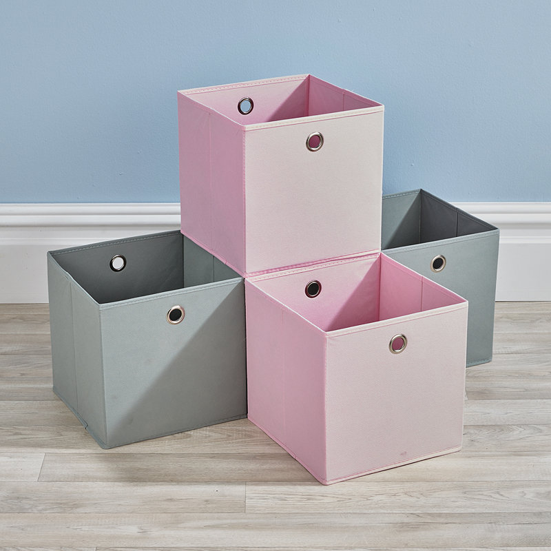 Pack of 4 Fabric Storage Cube Organiser Box, Grey/Pink