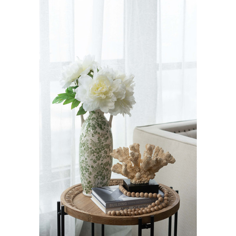 Vase à fleurs en céramique blanche avec motif floral vert et petites poignées