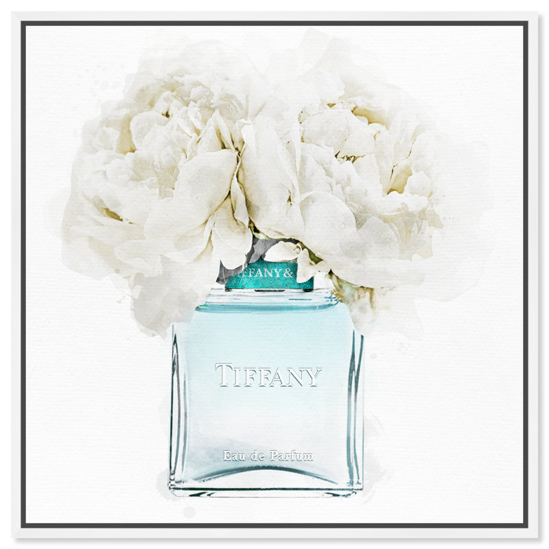 «Dawn Morning Bouquet Aquamarine Perfume», impression sur toile, H 12 po x l 12 po, Cadre en plastique doré, Bois blanc