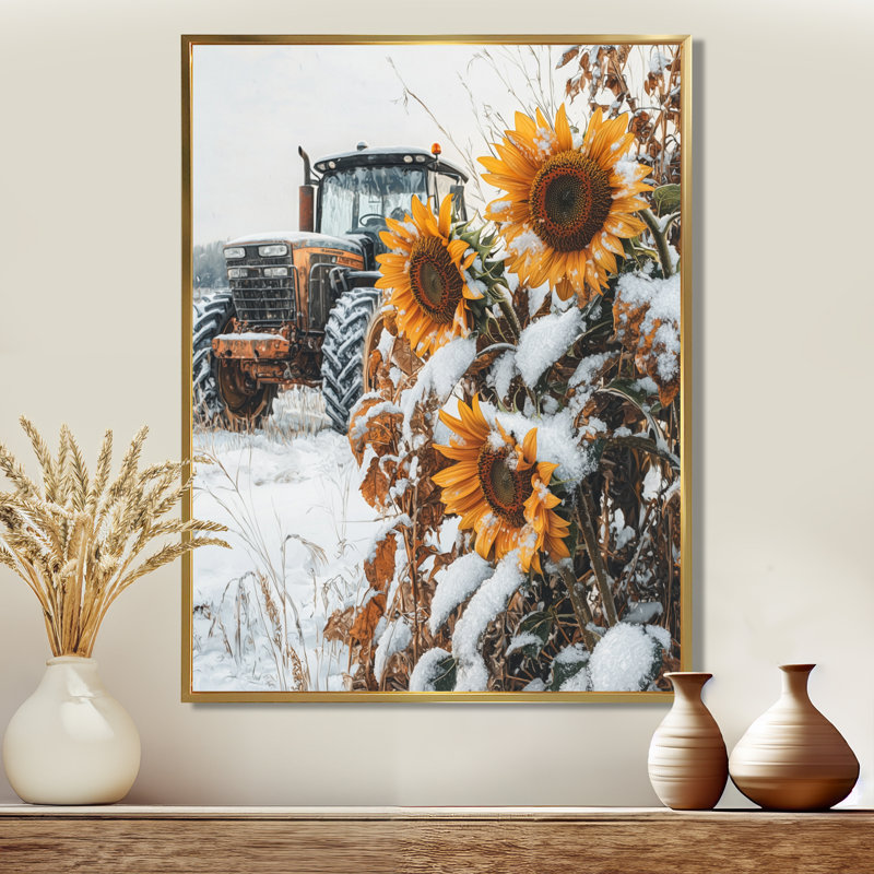 Giardina tournesols et le tracteur enneigé I - ferme, art mural, Reproduction avec cadre flottant, H 44 po x l 34 po, Doré