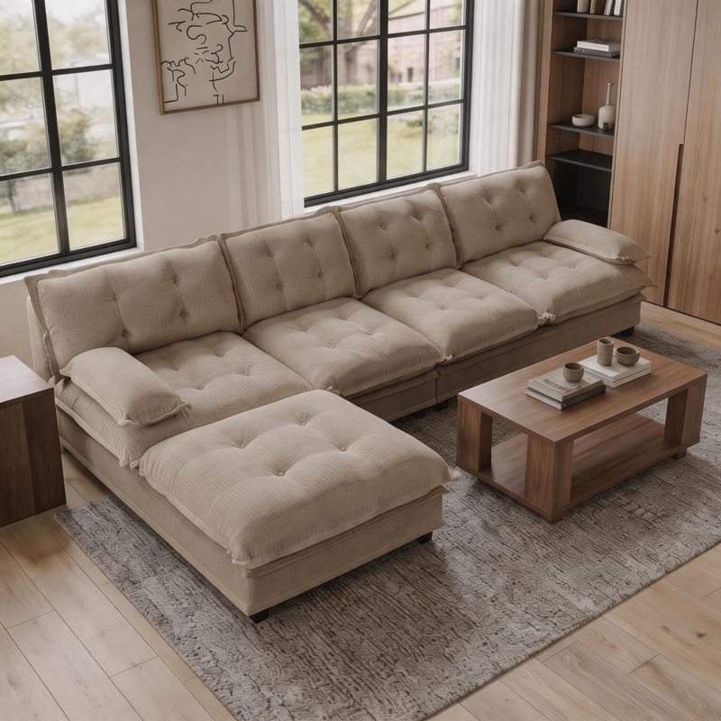 Canapé modulaire en forme de L 138 po avec repose-pieds et siège profond, 35.4" H x 138.5" W x 33.8" D, Light coffee Chenille