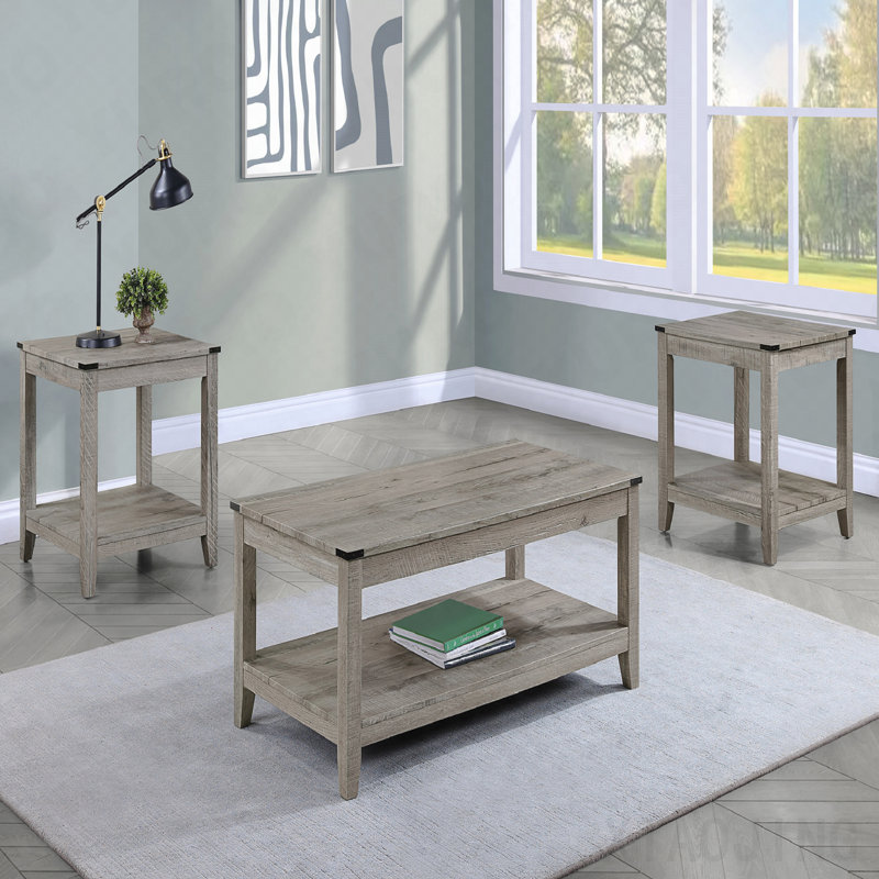 Rustique gris brun 3 pièces ensemble de table basse en bois Table basse rectangulaire et deux tables de bout carrées assorties