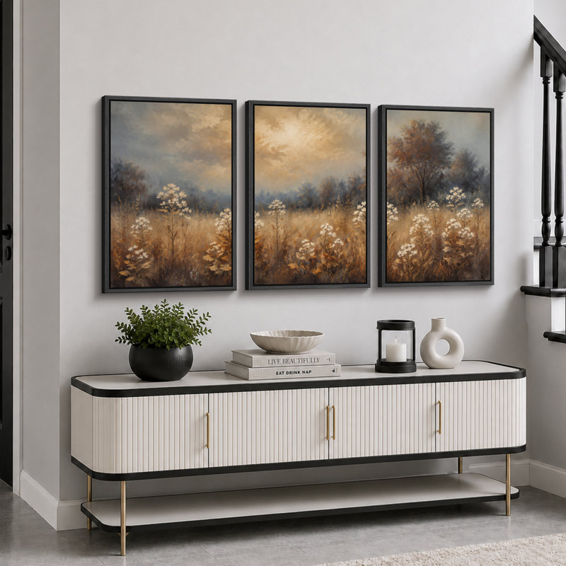Paysage de prairie fleurie mélancolique, tableau pour chambre, impression giclée sur toile encadrée en 3 pièces - 61 x 91 cm (24 x 36 pouces)
