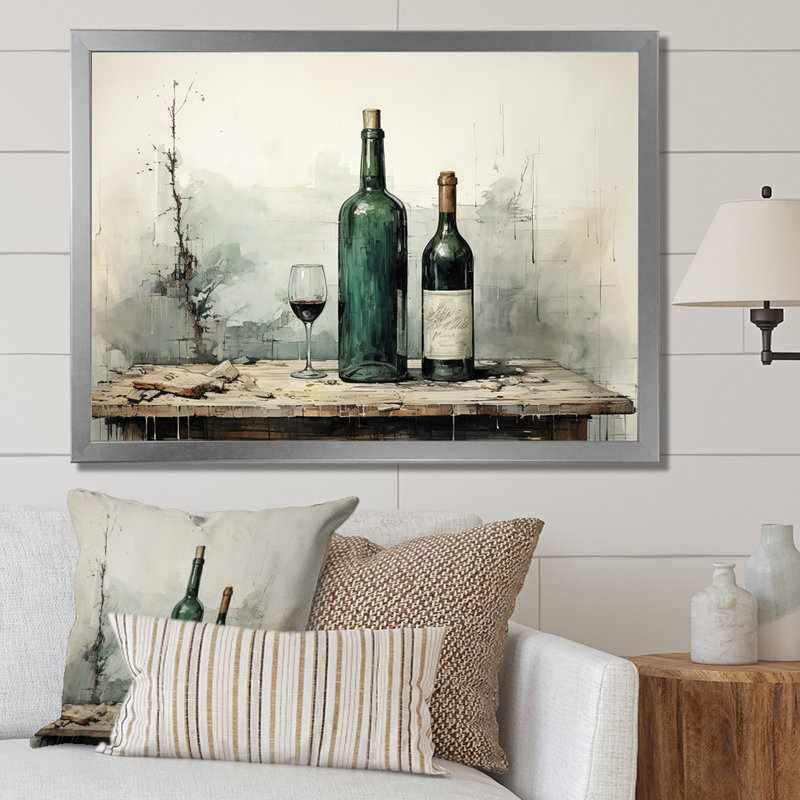 Vert minimaliste bouteilles de vin Silhouette IV - art mural vin, Cadre de coin argenté fermé, H 24 po x l 32 po x P 1 po