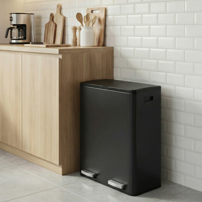 Ensemble de poubelles à double compartiment en acier inoxydable 2 x 8 gallons avec seaux intérieurs et sac poubelle, Black