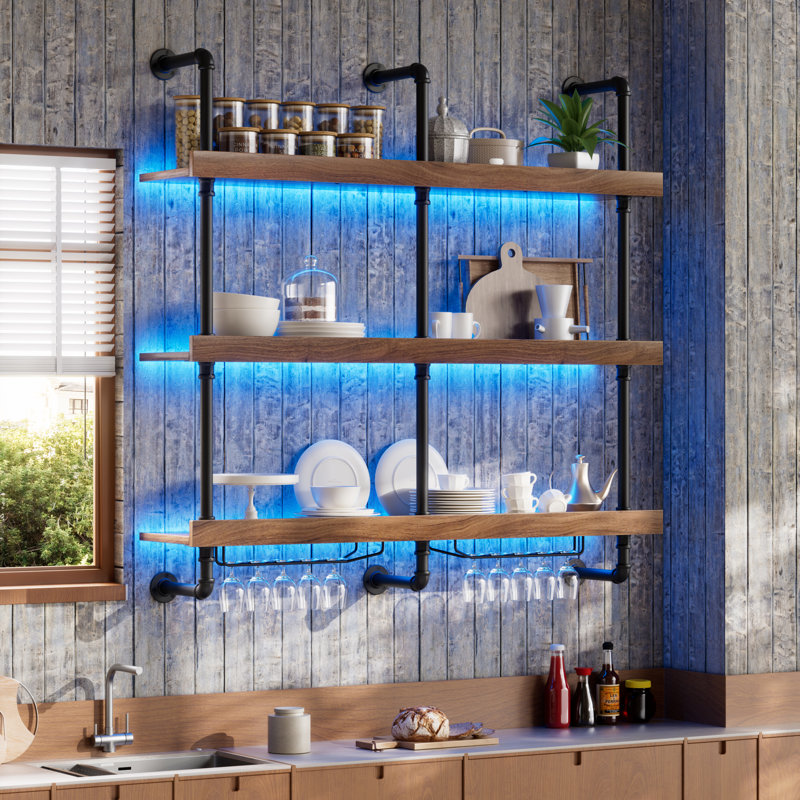 Floating Bar Shelves For Liquor, Wall-mounted Wine Rack With Led Light, Hanging Wine Rack With Stemware Glass Holders For Kitchen, Dining Room, Bar Decor Storage Display