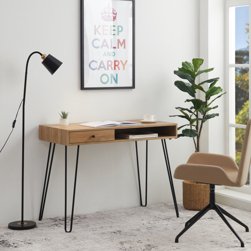 Ester 101.6 cm W Hairpin Desk with Drawer, Brown/Black