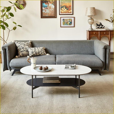 Double Layer Sintered Stone Coffee Table for Living Room, Walnut Shelf and Steel Frame, Easy Assembly