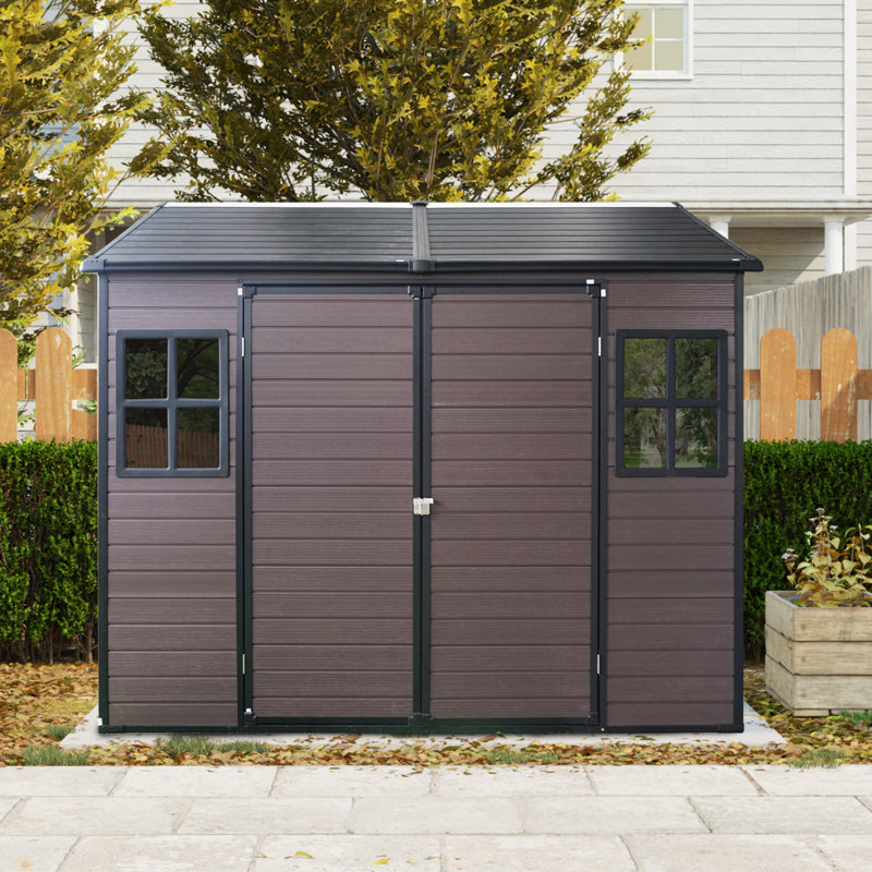 Resin Outdoor Storage Shed Waterproof Shed With Floor & Two Windows & Lockable Door, Tool Shed For Garden, Patio, Backyard