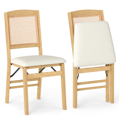Folding Dining Chairs Set of 2 w/Linen Padded Seat & Rattan Backrest for Kitchen Natural