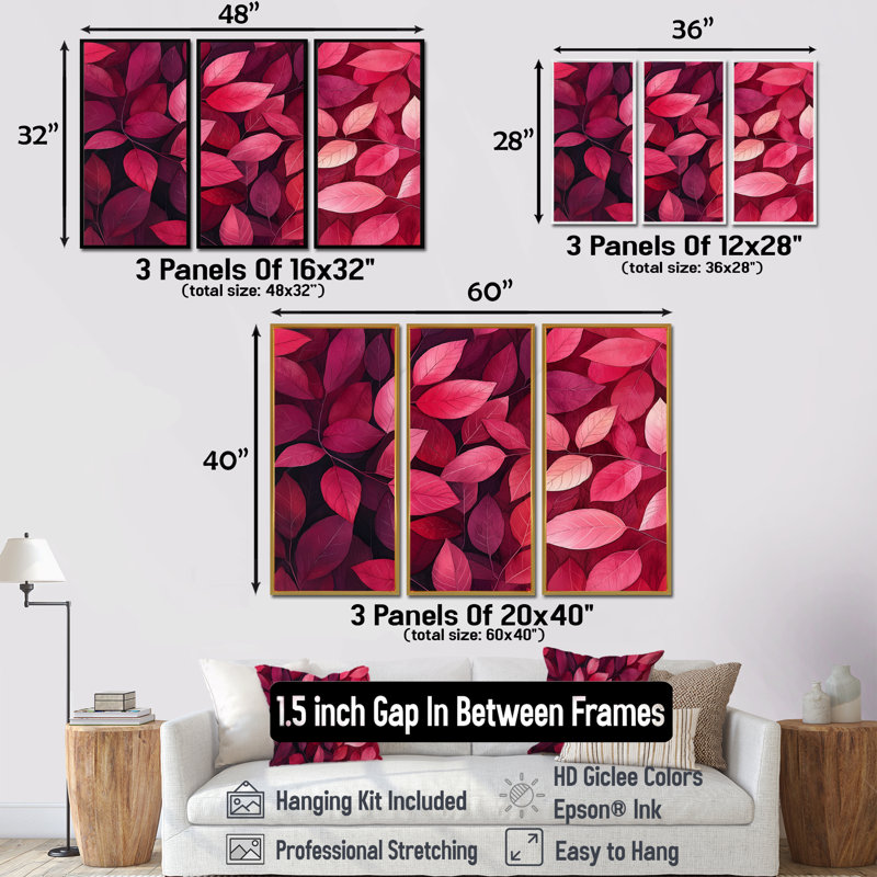 «Crimson Leaves Dancing Rose I» - décoration murale feuilles - 3 pièces, H 32 po x l 48 po, Érable