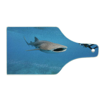 Ambesonne Shark Tempered Glass Cutting Board Giant Fish Ocean Diving Violet Blue Pale Grey