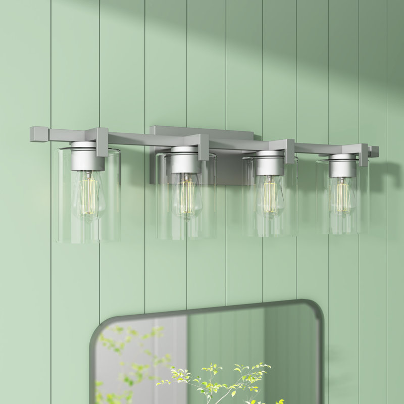 Éclairage pour meuble-lavabo moderne à intensité variable 3 lumières avec abat-jour en verre transparent Hicklin, Nickel
