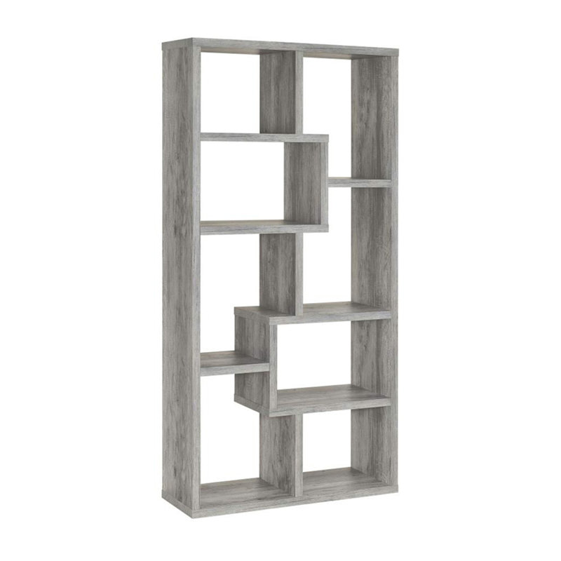 10-Shelf Geometric Bookcase In Grey Driftwood Finish, (10 Shelves) 70.75"H x 35"W x 11.75"D, Light Gray