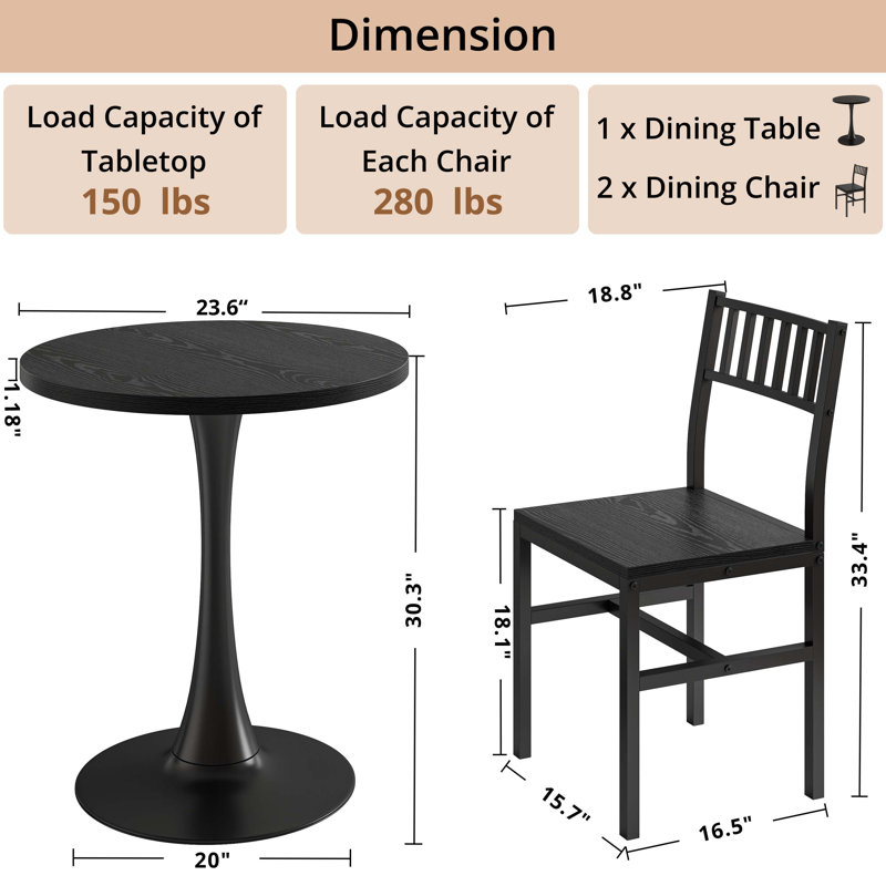 3-Piece Round Dining Table Set, Industrial Style Small Kitchen Table And Chairs For 2, Black