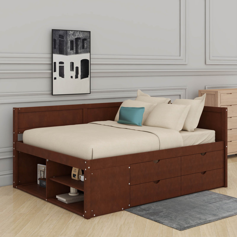 Full Size Daybed With Drawers And Shelves, Walnut, Full