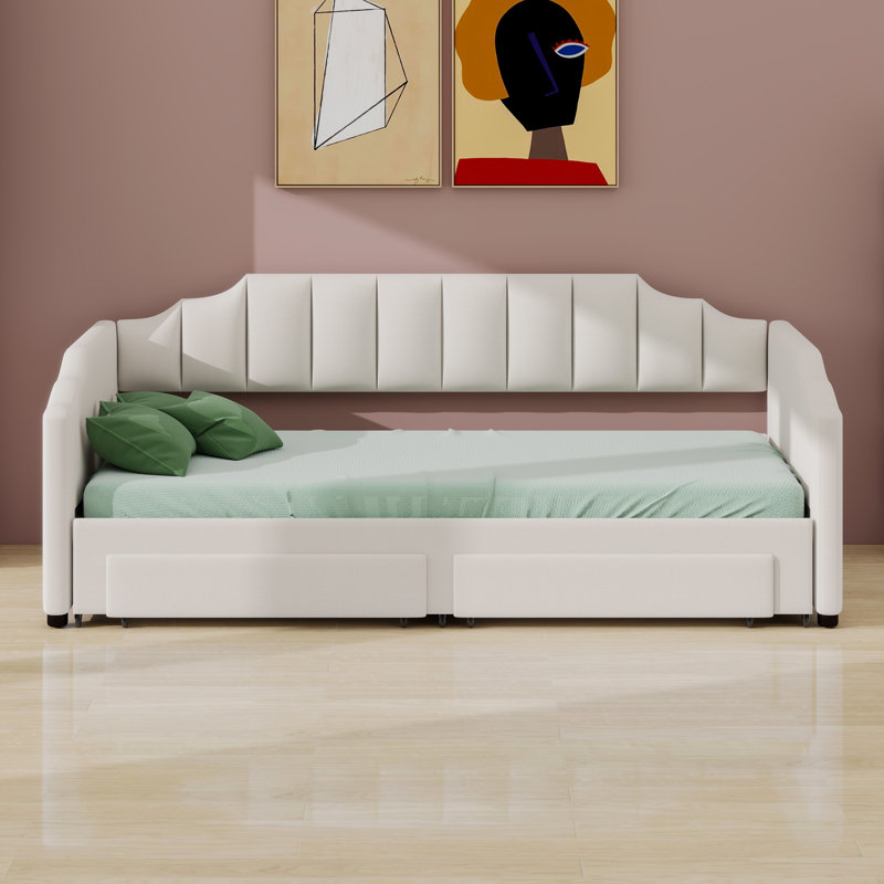 Lit de jour extensible avec revêtement en lin, tête de lit capitonnée, tiroirs de rangement pratiques et décorations lumineuses à DEL