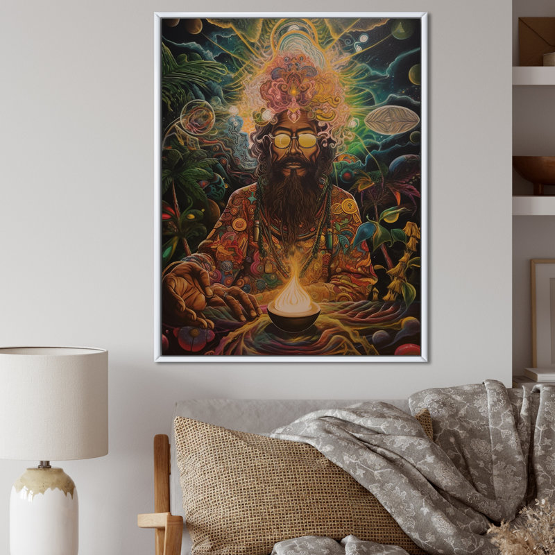 Chaman contemporain Amazon Sagesse sur toile, Cadre flottant blanc, H 40 po x l 30 po