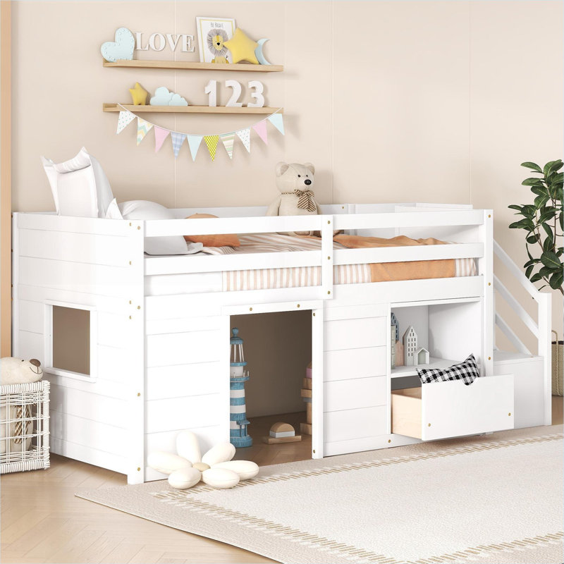 Twin Size Low Loft Bed Solid Pine Construction White-Toned With Built-In Stairs, Drawer And Shelf Storage