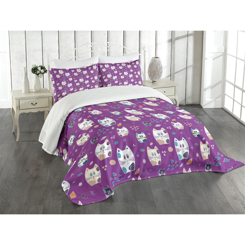 Ambesonne Cat Bedspread Set Doodle Cartoon Kittens Multicolor, King Bedspread + 2 Standard Shams