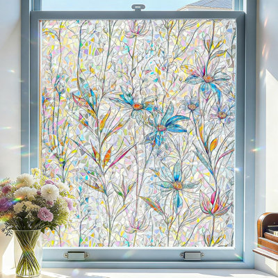 Window Privacy Film, Stained Glass Decorative Static Cling, Removable Laser Sun Blocking Vinyl Covering, Window Film for Home Kitchen Living Room, Blue Lotus, 17.5" x 78.7"