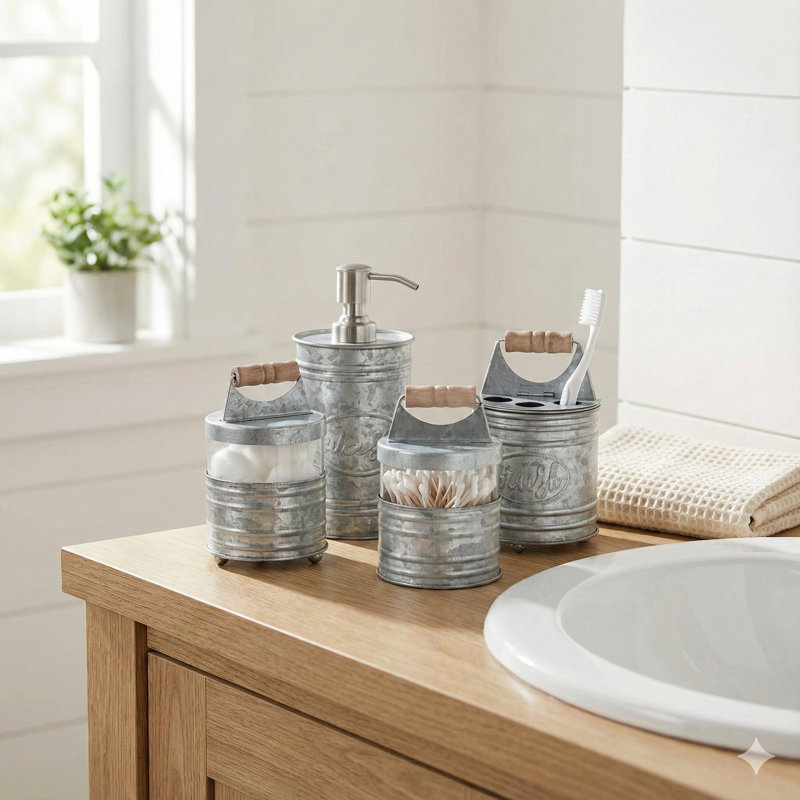 4 Piece Galvanized Metal, Glass, and Wood Farmhouse Bathroom Accessory Set, Gray