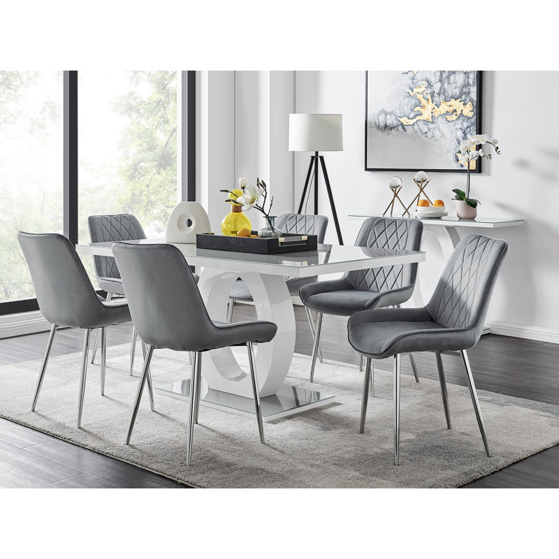 Eubanks Dining Set with 6 Chairs, Grey/Silver, Grey/White