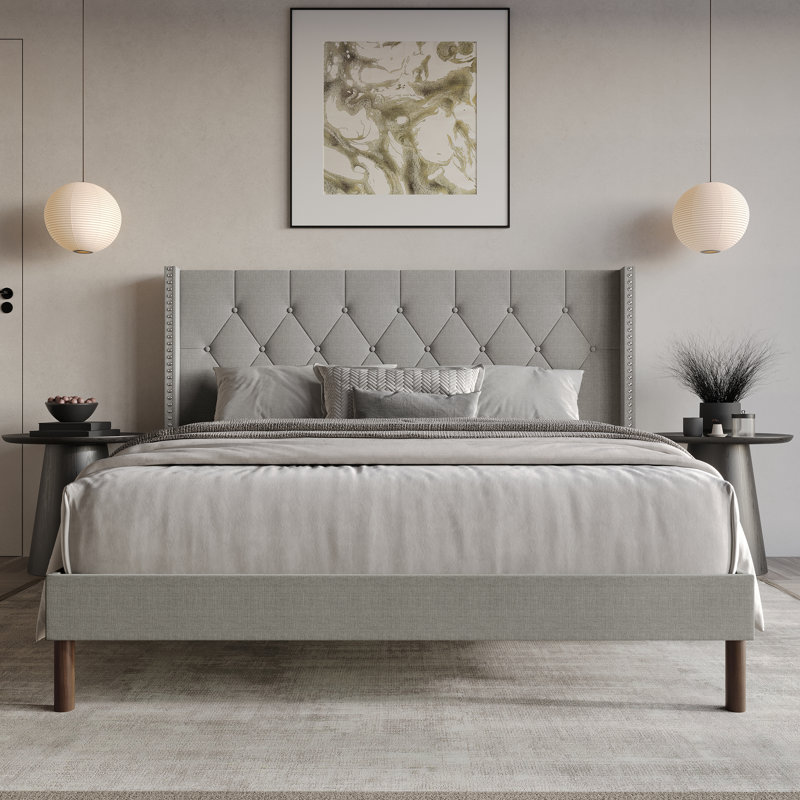 Linen Upholstered Wingback Bed , Light Gray, Twin