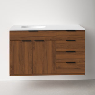 85 Modern Floating Double Sink Bathroom Vanity Set with Makeup Table  Walnut