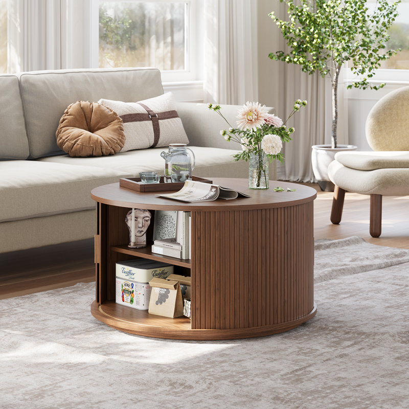 31.5" Modern Round Coffee Table With 360° Curved Sliding Door, Walnut