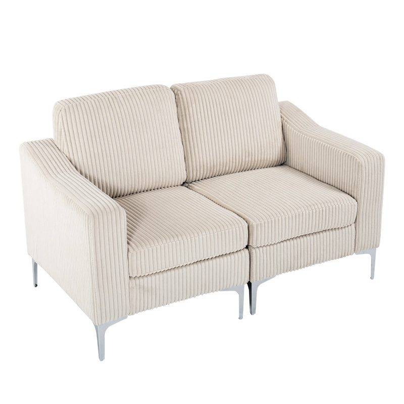 Canapé modulaire en velours côtelé beige à deux places, siège à ressorts à arc, conception modulaire, structure, sièges à assemblage simple rembourrés de mousse, dossier rembourré, pieds en acier, sans effort