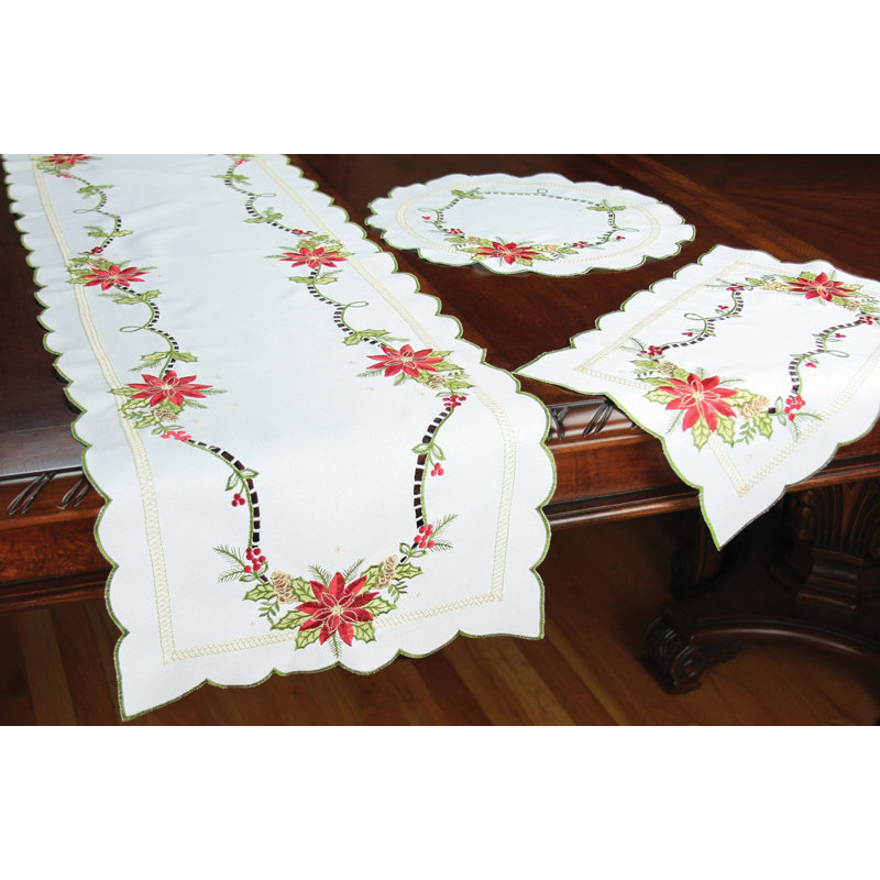 Scrolling Poinsettia Embroidered Cutwork Table Runner, 54" L x 15" W