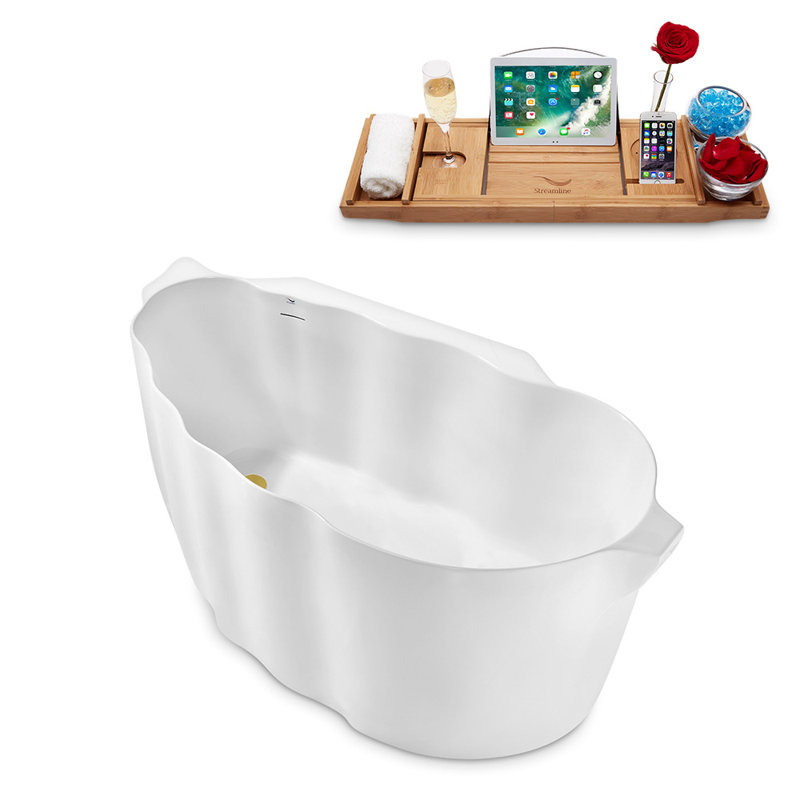 Baignoire de trempage autoportante 59 "avec drain et plateau en bambou 59" Streamline, Or brossé