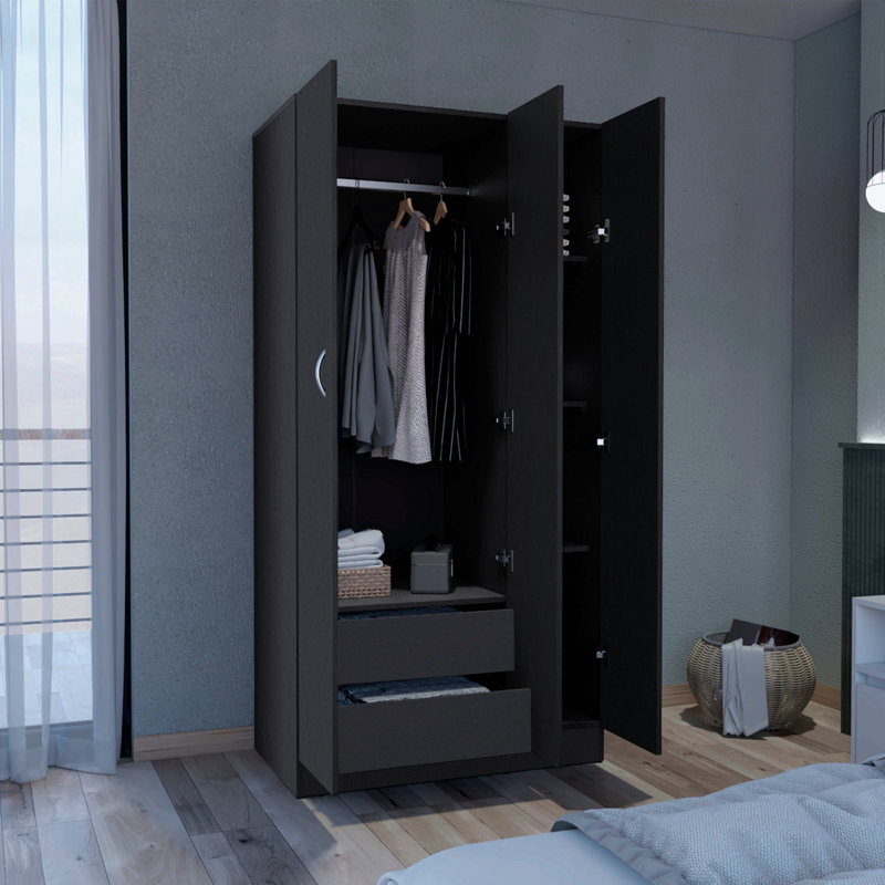 Armoire penderie H 71 po avec 3 portes et 2 tiroirs intérieurs, 3 portes, Noir