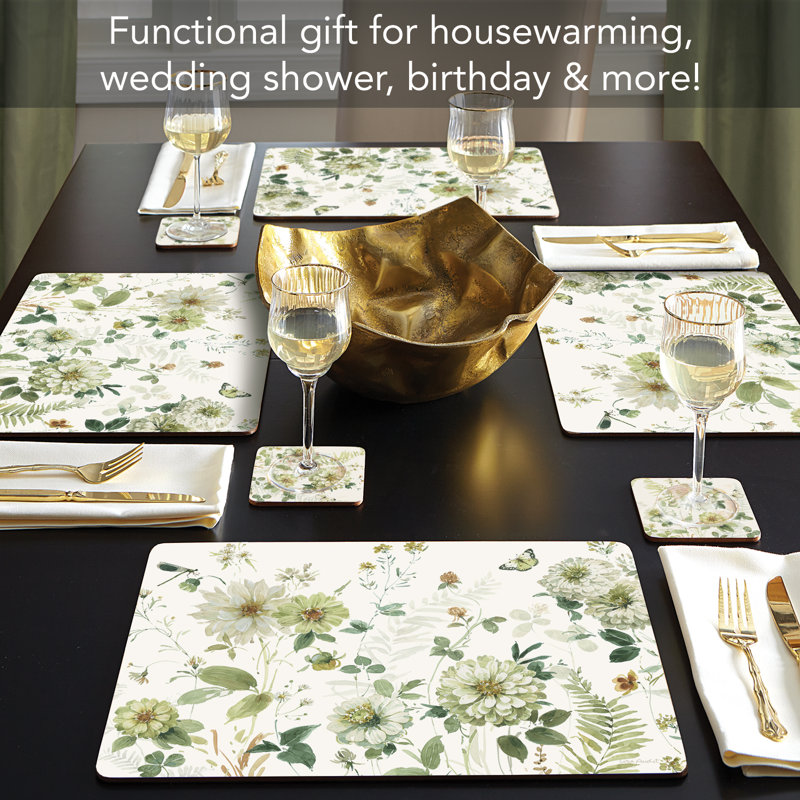 Green Floral Hardboard Cork Back Rectangular Placemats, Set of 4