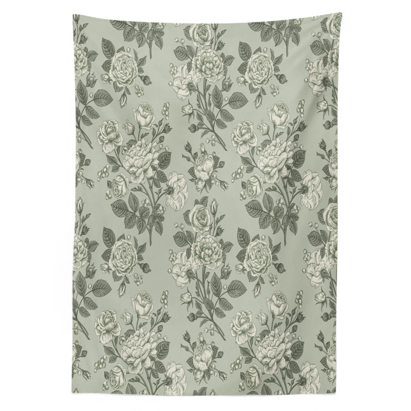 Grey Tablecloth, Bamboo Tree Leaves Sketchy Based Reflective Japanese Nature Graphic Art, Rectangular Table Cover For Dining Room Kitchen Decor, 52" X 70", Sage Green