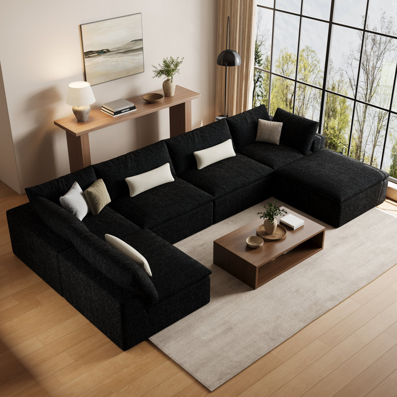 Canapé d'angle moderne Cloud sans os de 400 cm (157 po), canapé modulable en forme de L rembourré avec pouf et assise profonde pour salon, noir