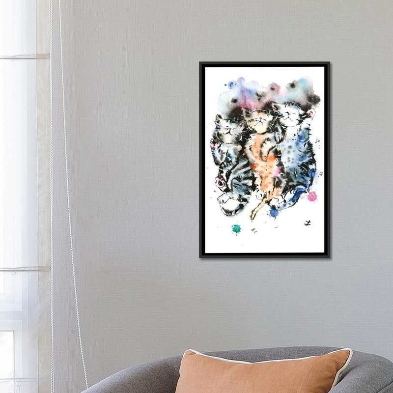 « three sleep chatons », reproduction sur toile, H 26 po x l 18 po x P 1,5 po, Toile avec cadre noir, Pas de tapis