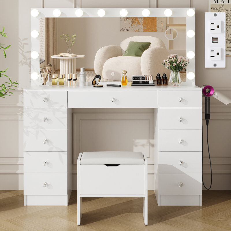 ​​Greyden Makeup Vanity Set with 11 Drawers and Outlets, Dresser with 10X Magnifying Mirror for Bedroom, White