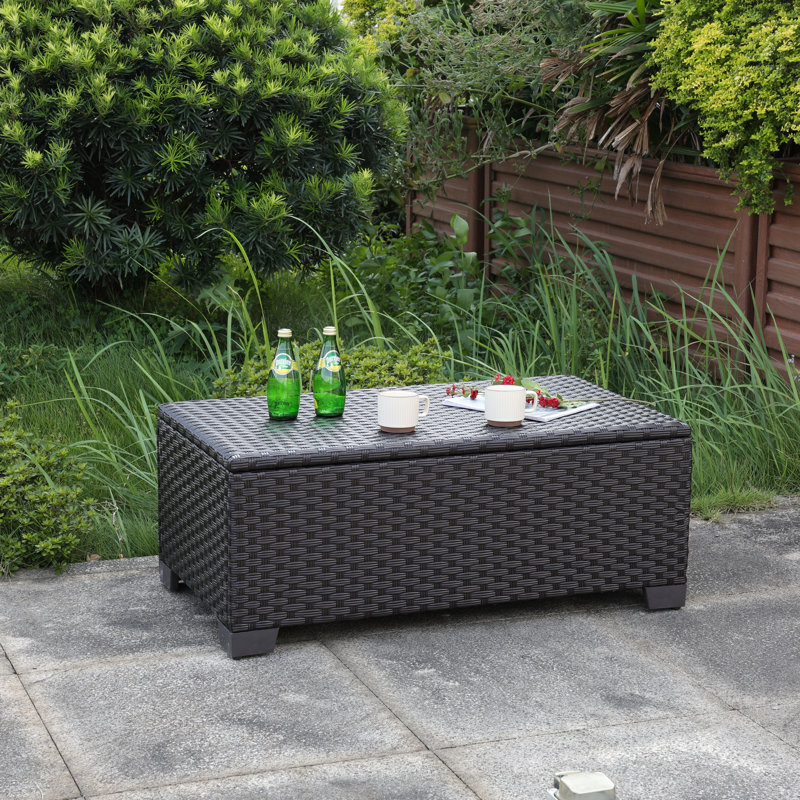 Outdoor Table with Storage Patio Table Wicker Coffee Table All-Weather Side Table Waterproof Cover, Dark Brown