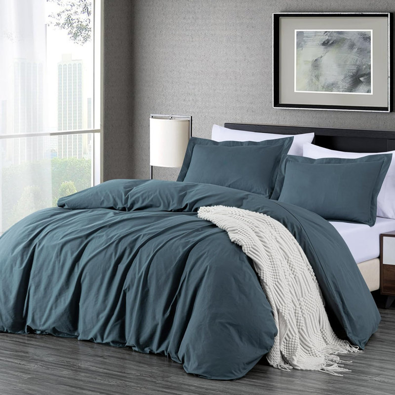 Cotton Twill Solid Duvet Cover, King Duvet Cover + 2 King Shams, China Blue