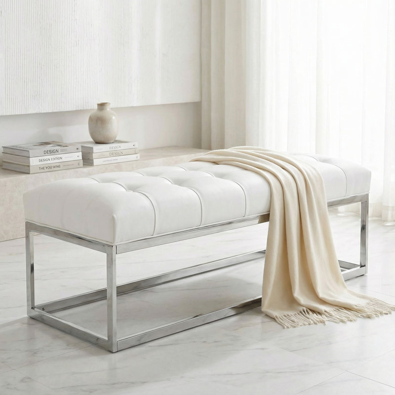 Banc surdimensionné contemporain en acier inoxydable Cheab, Similicuir blanc neige