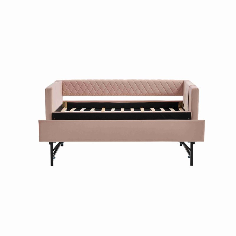 Velvet Daybed, Sturdy Wooden Bed Frame, Modern Diamond Grid Pull-Out Design For Bedroom, Living Room Furniture, Pink