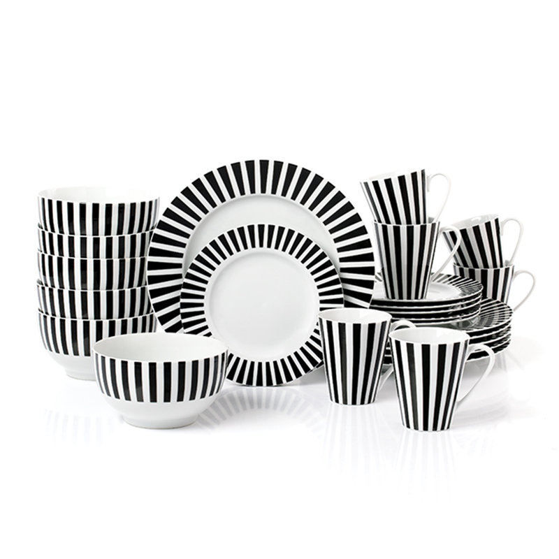 Waterside 24pc Black Split Stripe Porcelain Dinner Set