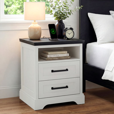 Farmhouse Nightstand with Charging Station and Large Drawers