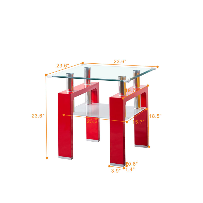 Table de bout carrée en verre 23,6 po avec tablette à 2 niveaux, pieds en acier inoxydable, petite table d'appoint pour le salon ou la chambre à coucher