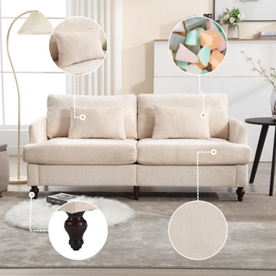 Canapé rembourré à deux places en chenille beige, style moderne du milieu du siècle, pieds en bois brun, idéal pour le salon, la chambre ou un coin lecture.