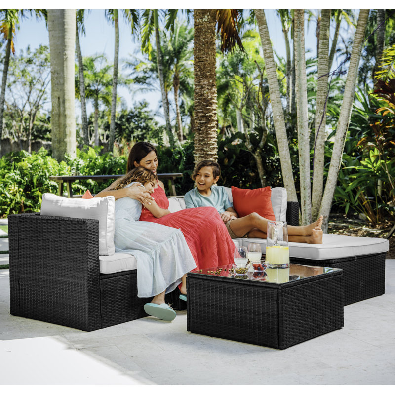 Slunce 4 - Person Outdoor Seating Group with Cushions (Set Of 5), Black Frame/Off White Cushion