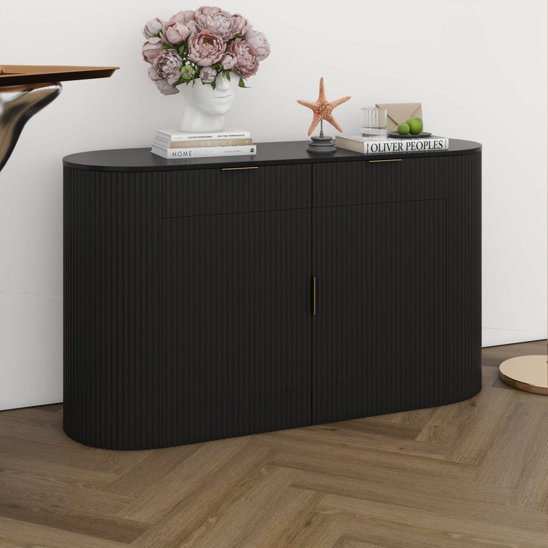 55.1" Sideboard With 2 Doors & 2 Drawers, Curved Side Door And 3-Tier Adjustable Shelves, Stripe MDF Buffet, Black