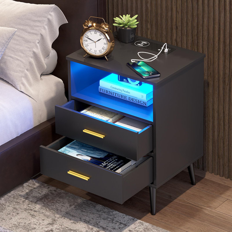 Demyra 45cm W Manufactured Wood Bedside Table, Black